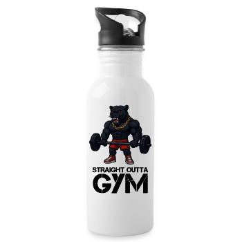 Starkes Panther-Maskottchen mit Gewichtheber - Trinkflasche mit integriertem Trinkhalm - Weiß - Rechts