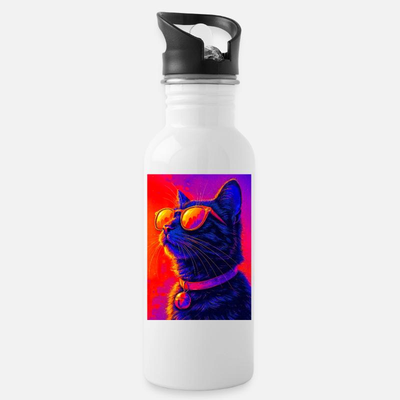 Vibrant Neon Cat with Sunglasses - Water bottle with straw - white