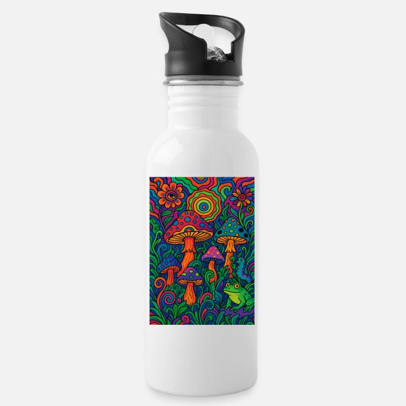 Psychedelischer Pilzwald – Buntes Retro Kunstwerk - Trinkflasche mit integriertem Trinkhalm - Weiß