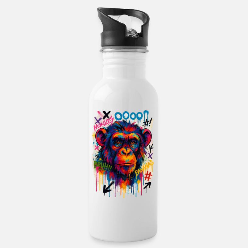 Graffiti-Affenportrait in bunten Farben - Trinkflasche mit integriertem Trinkhalm - Weiß