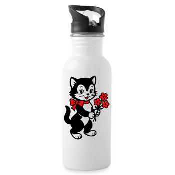 Schwarze Katze mit rotem Band - Trinkflasche mit integriertem Trinkhalm - Weiß - Rechts