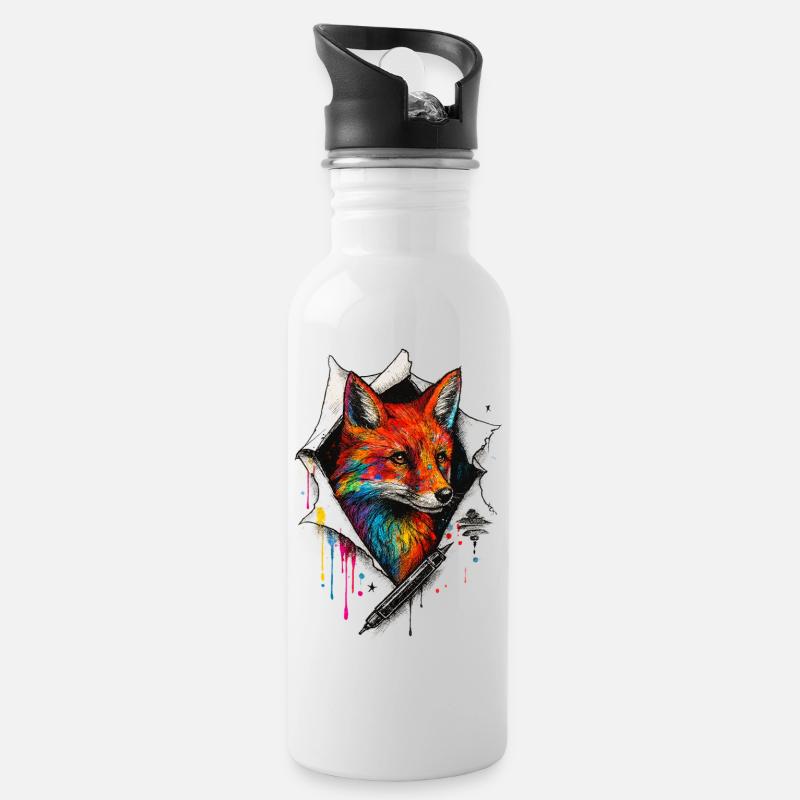Regenbogenfuchs Kunst mit Farbspritzer - Trinkflasche mit integriertem Trinkhalm - Weiß