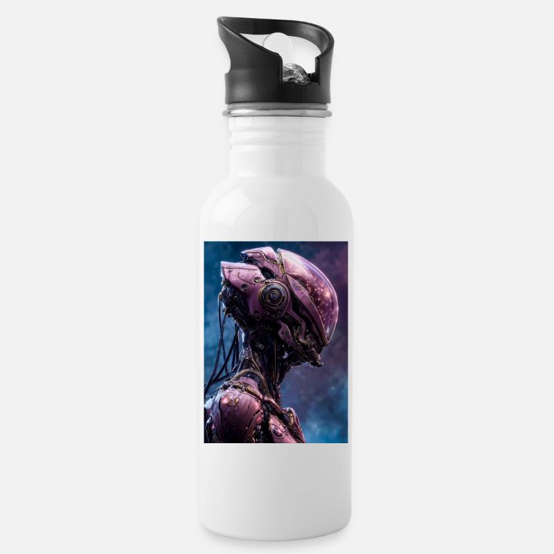 Rosa Neon-Mech-Porträt - Trinkflasche mit integriertem Trinkhalm - Weiß