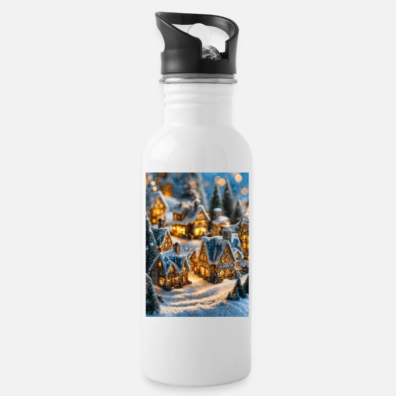 Gemütliches verschneites Dorf Winterglühen - Trinkflasche mit integriertem Trinkhalm - Weiß