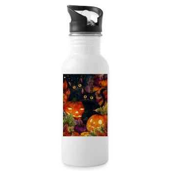 Halloween Moonlit Pumpkin Cats - Water bottle with straw - white - Right