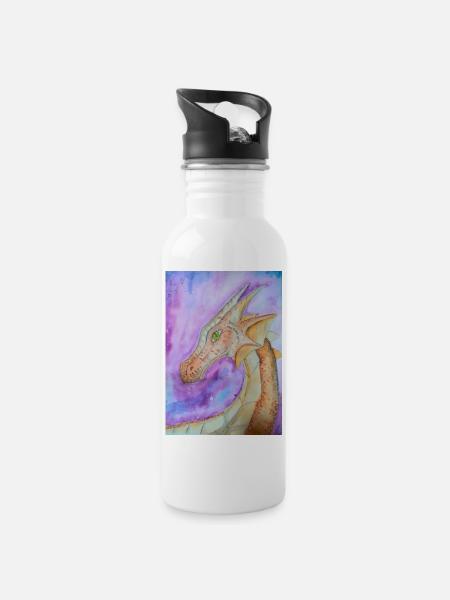 Drache handgezeichnet - Trinkflasche mit integriertem Trinkhalm - Weiß