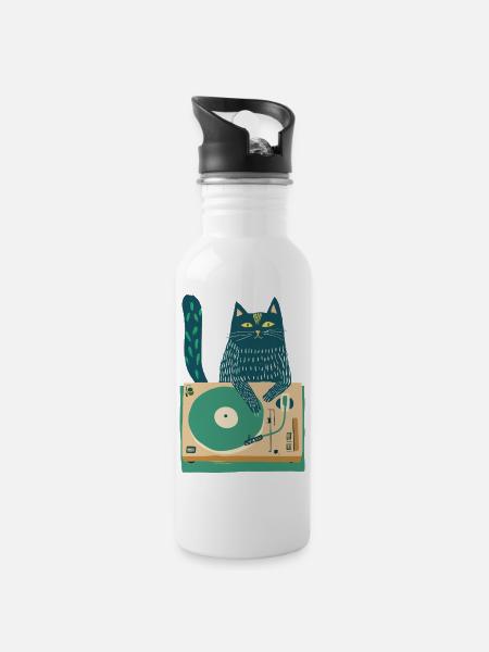 Katzen-DJ auf Plattenspieler - Trinkflasche mit integriertem Trinkhalm - Weiß