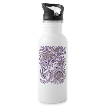 Purple Daisy Botanical Line Art - Water bottle with straw - white - Right