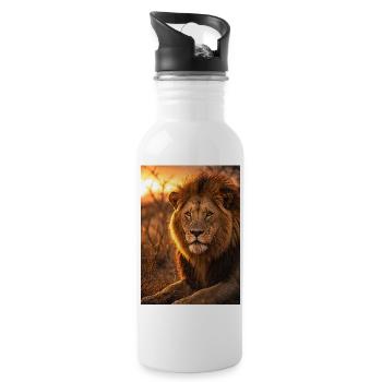 Lion in the flames of the sunset - Water bottle with straw - white - Right