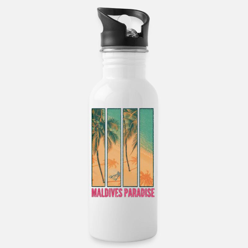 Malediven Paradies – Design Tropical Vintage - Trinkflasche mit integriertem Trinkhalm - Weiß