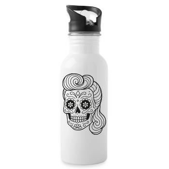 Mexikanischer Totenkopf_Rockabilly Frisur ausmalen - Trinkflasche mit integriertem Trinkhalm - Weiß - Rechts