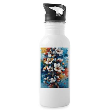 Helle Aquarellblüten - Trinkflasche mit integriertem Trinkhalm - Weiß - Rechts