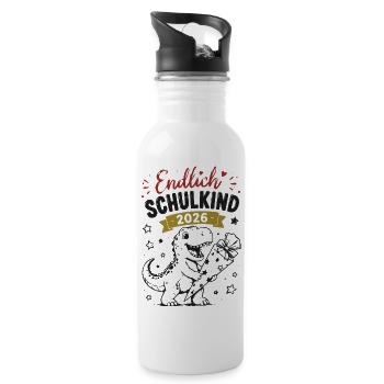 Endlich Schulkind 2026 Dino - Trinkflasche mit integriertem Trinkhalm - Weiß - Rechts