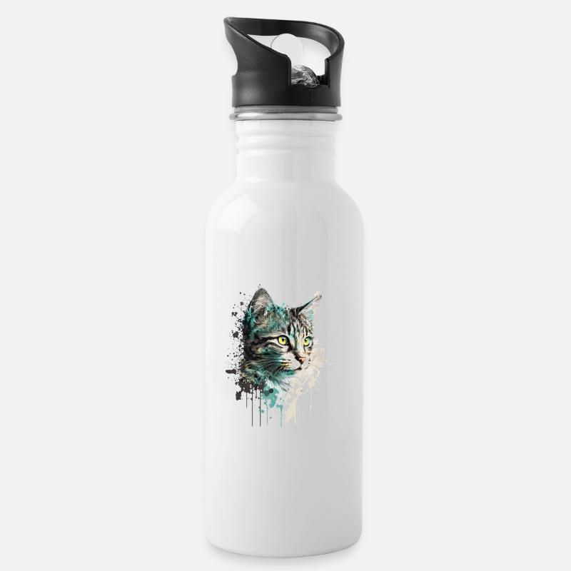 Katze Wasserfarben - Trinkflasche mit integriertem Trinkhalm - Weiß