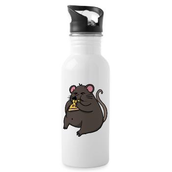 Fat Mouse Eating Pizza Funny Comic Style - Water bottle with straw - white - Right