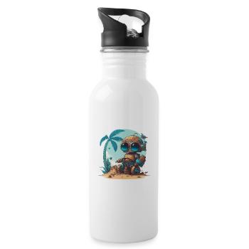 Ein kleiner Roboter am Strand unter einer Palme - Trinkflasche mit integriertem Trinkhalm - Weiß - Rechts