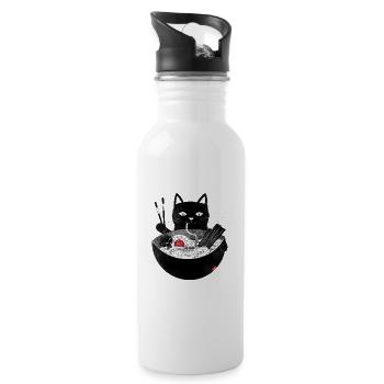 Cat slurps ramen noodle soup with chopsticks - Water bottle with straw - white - Right
