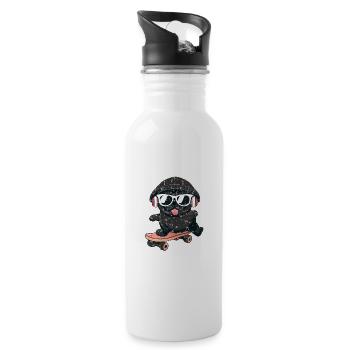 Hund Mops auf Skateboard - Trinkflasche mit integriertem Trinkhalm - Weiß - Rechts