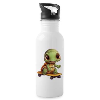Skateboardende Schildkröte, Sportliches Tierdesign - Trinkflasche mit integriertem Trinkhalm - Weiß - Rechts