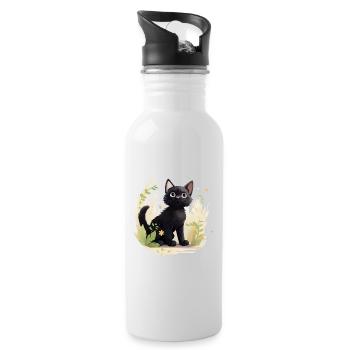 Cute black cat with summery background - Water bottle with straw - white - Right