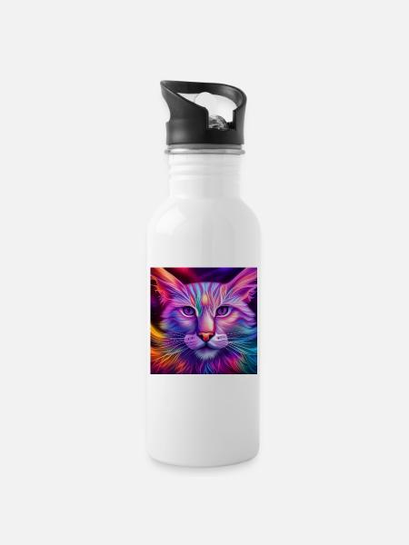 Katze in Neonfarben - Trinkflasche mit integriertem Trinkhalm - Weiß
