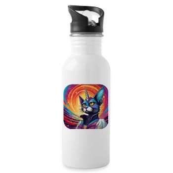 Psychedelisches Motiv Einhorn Katze - Trinkflasche mit integriertem Trinkhalm - Weiß - Rechts