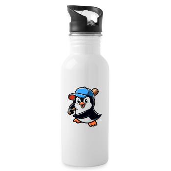 Pinguin Baseballspieler Action - Trinkflasche mit integriertem Trinkhalm - Weiß - Rechts