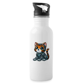Bengalkatze Cyborg Cartoon Design - Trinkflasche mit integriertem Trinkhalm - Weiß - Rechts