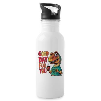 Design zeigt coolen Dino, der einen Kaffeebecher - Trinkflasche mit integriertem Trinkhalm - Weiß - Rechts