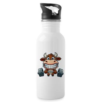 Kuh Stier Bulle Gewichtheber Barbell - Trinkflasche mit integriertem Trinkhalm - Weiß - Rechts