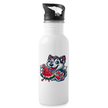 Cooler Husky Hund im Sommer mit Wassermelone Comic - Trinkflasche mit integriertem Trinkhalm - Weiß - Rechts