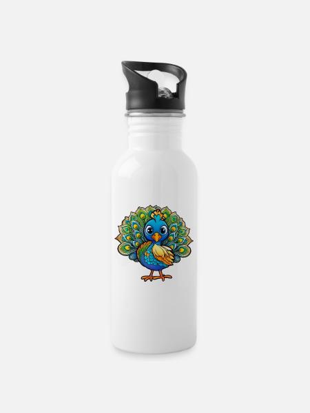 Niedlicher Pfau III - Trinkflasche mit integriertem Trinkhalm - Weiß