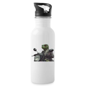 A well Dressed Green Reptile on a Motorcycle - Water bottle with straw - white - Right