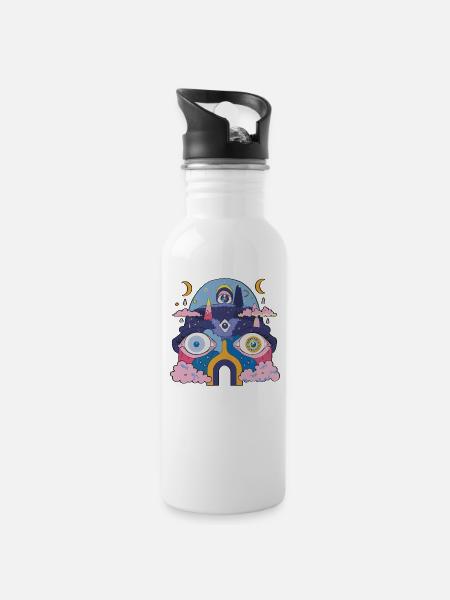 Psychedelischer Roboter - Trinkflasche mit integriertem Trinkhalm - Weiß
