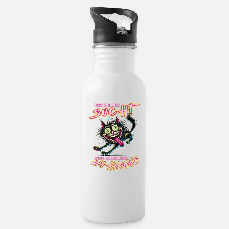Crazy Katze am Rande des Wahnsinns Comic Stil - Trinkflasche mit integriertem Trinkhalm - Weiß