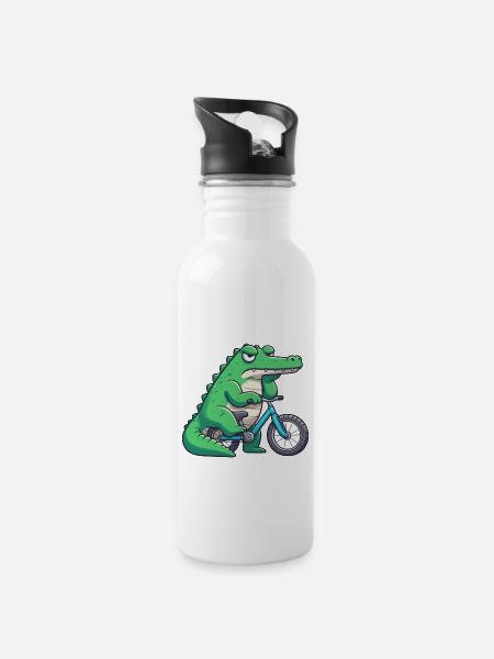 Lustiges Krokodil auf Fahrrad langweilig - Trinkflasche mit integriertem Trinkhalm - Weiß
