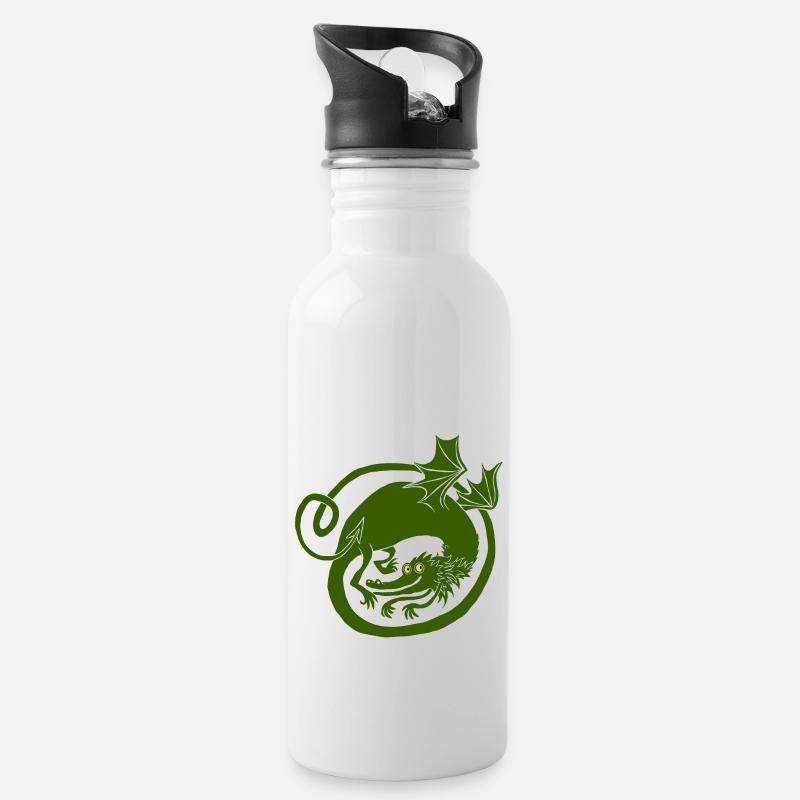 Drache (dunkler) - Trinkflasche mit integriertem Trinkhalm - Weiß