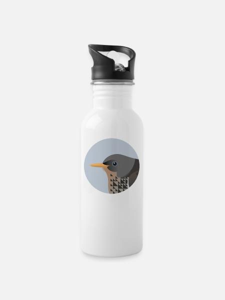 Drossel Vogel / Porträt - Trinkflasche mit integriertem Trinkhalm - Weiß