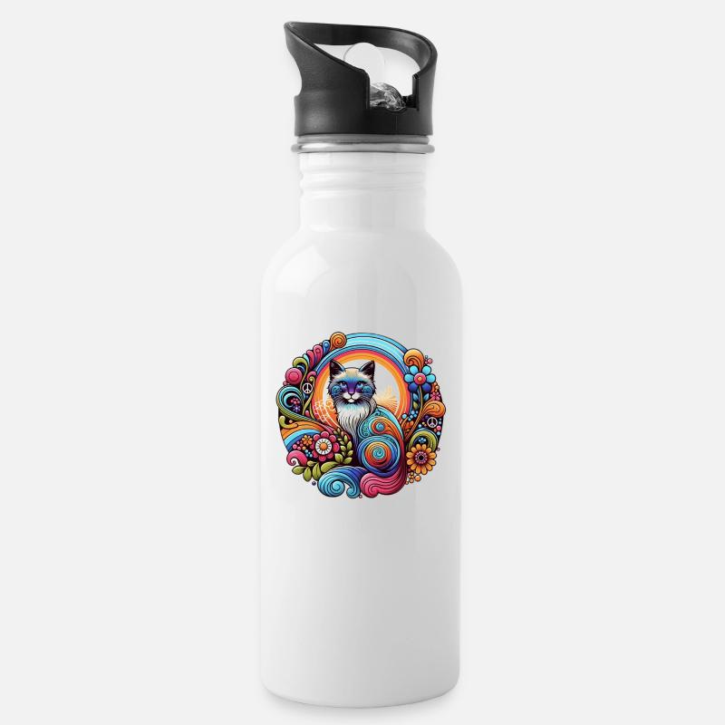 Katze 70er Jahre - Trinkflasche mit integriertem Trinkhalm - Weiß