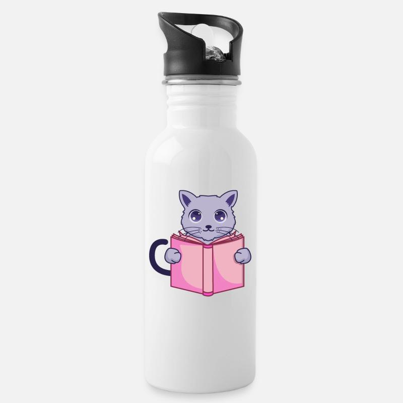 book cat - Water bottle with straw - white