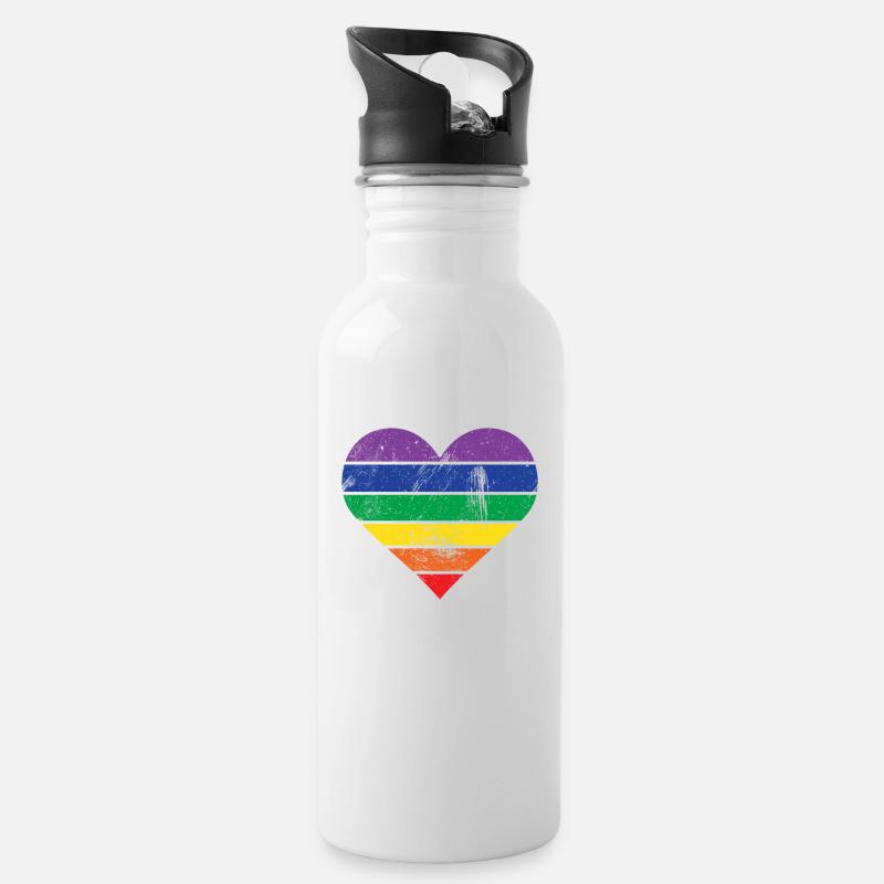 Herz Regenbogen - Trinkflasche mit integriertem Trinkhalm - Weiß