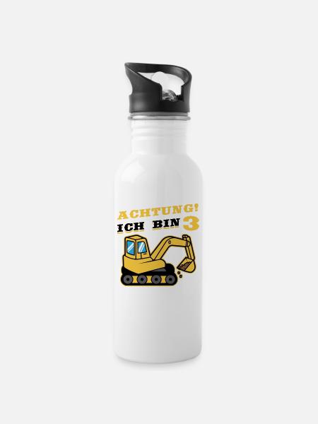 Achtung ich bin 3 Raupenbagger Bagger - Trinkflasche mit integriertem Trinkhalm - Weiß