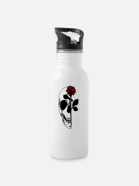 Demi crâne avec rose rouge - Gourde avec paille intégrée - blanc