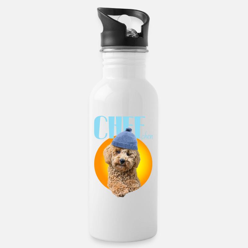 Pudel mit Pudelmütze "Chefchen" - Trinkflasche mit integriertem Trinkhalm - Weiß