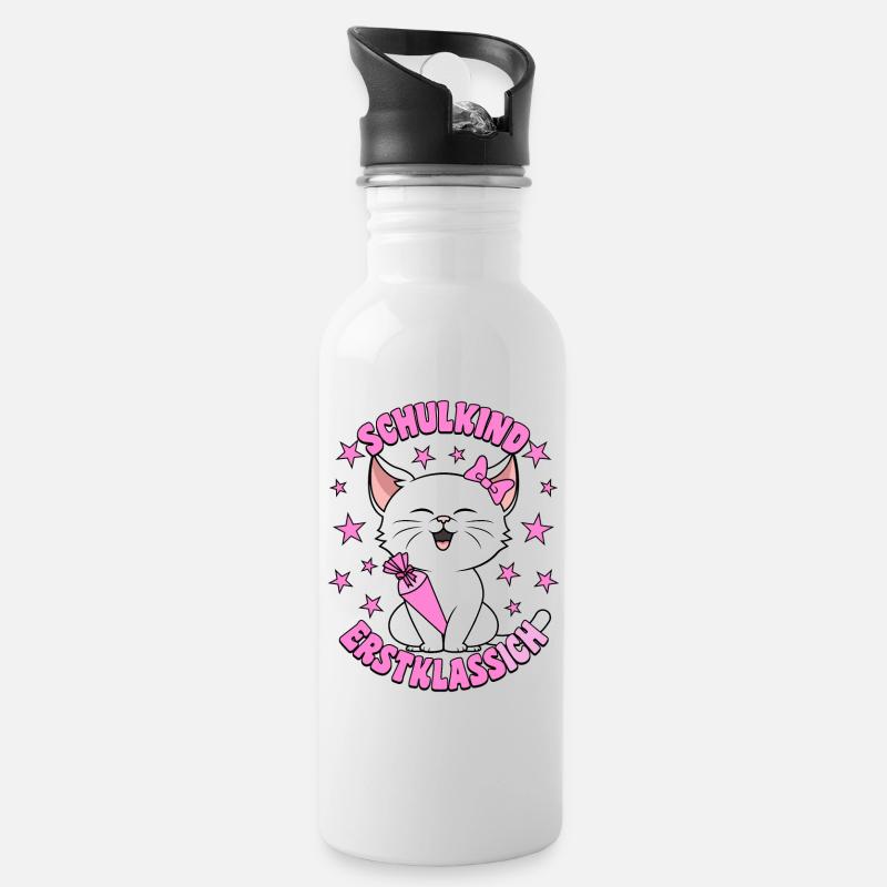 Schulkind 2026 Erstklassich Katze Einschulung - Trinkflasche mit integriertem Trinkhalm - Weiß