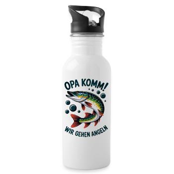 Opa komm wir gehen Angeln - springender Hecht - Trinkflasche mit integriertem Trinkhalm - Weiß - Rechts