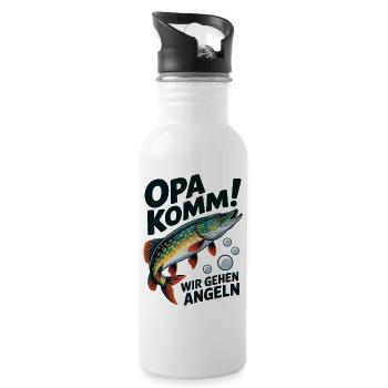 Opa komm wir gehen Angeln - springender Hecht - Trinkflasche mit integriertem Trinkhalm - Weiß - Rechts