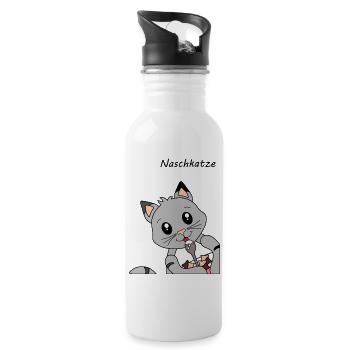"Naschkatze" - Katze beim Frühstücken - Trinkflasche mit integriertem Trinkhalm - Weiß - Rechts