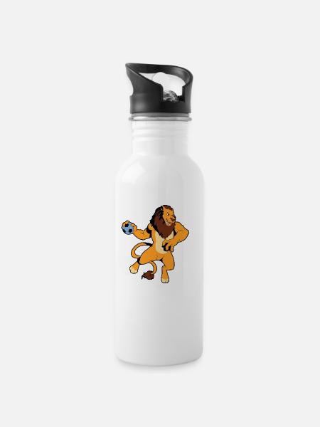 Comic Löwe spielt Handball - Trinkflasche mit integriertem Trinkhalm - Weiß