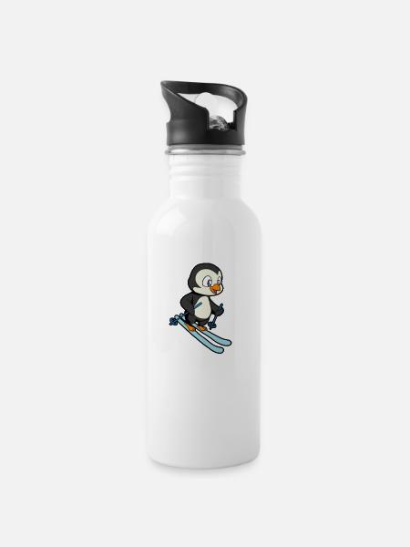 Pinguin fährt Ski - Trinkflasche mit integriertem Trinkhalm - Weiß